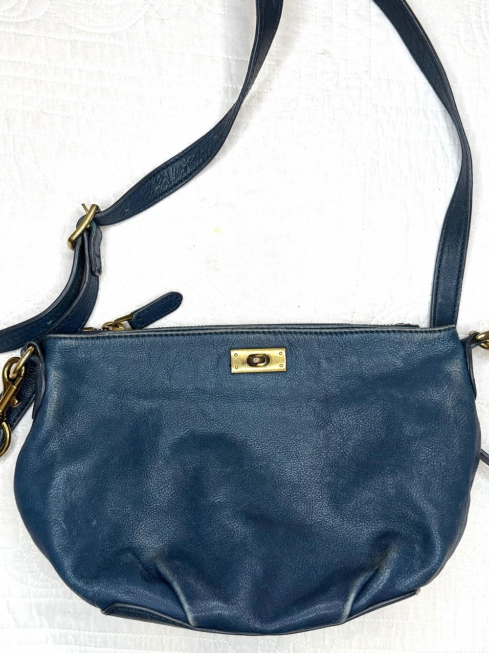 J Crew Navy Dark Blue Leather Crossbody Purse Crescent Gold Hardware